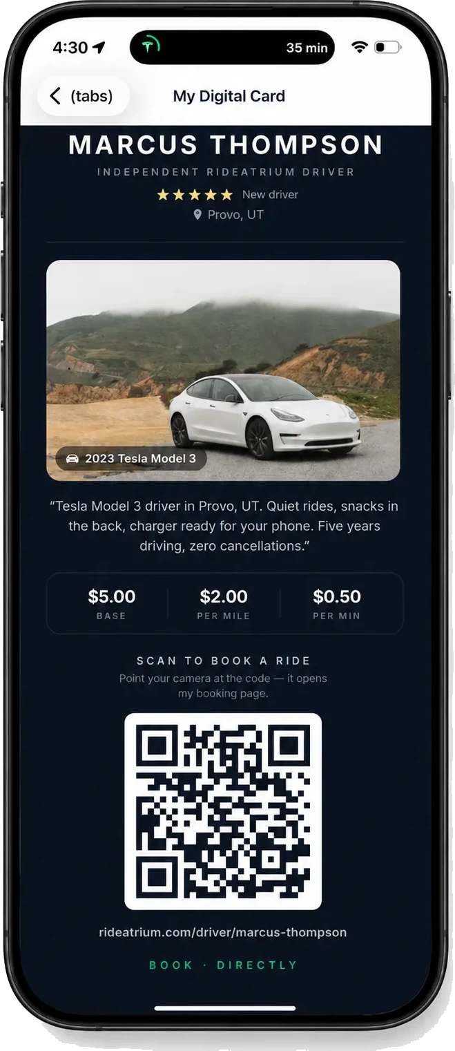 RideAtrium digital driver card with QR code to book a ride directly